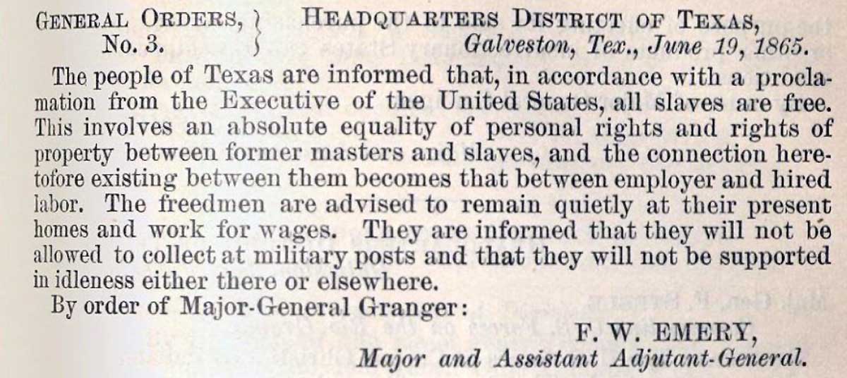galveston orders abolish slavery 1865