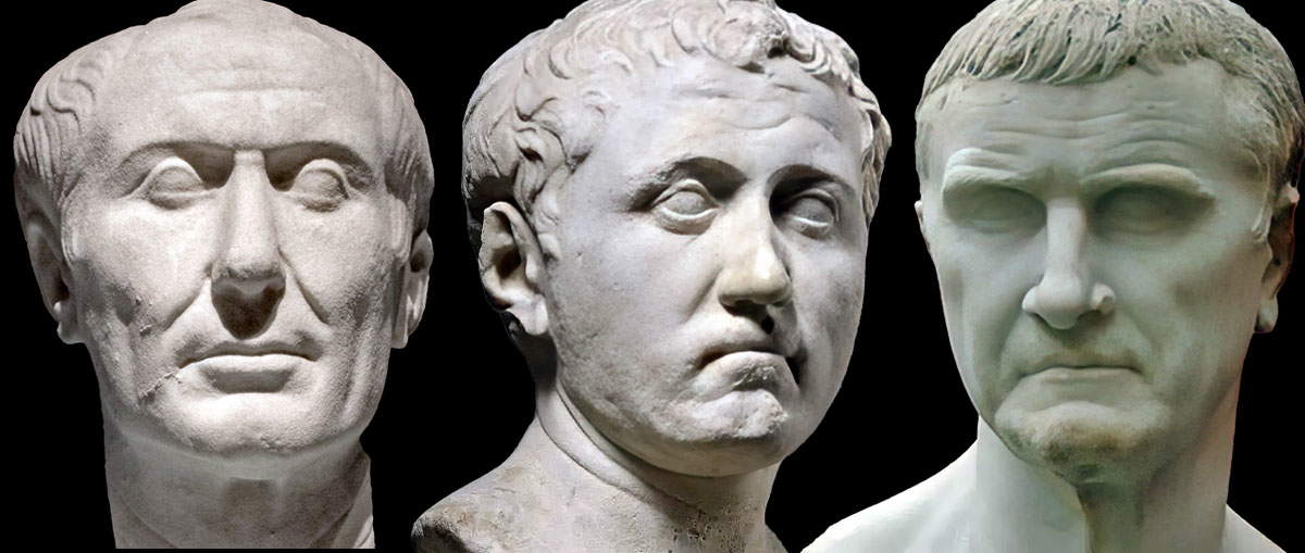 marble busts of Julius Caesar, Pompey the Great and Marcus Licinius Crassus